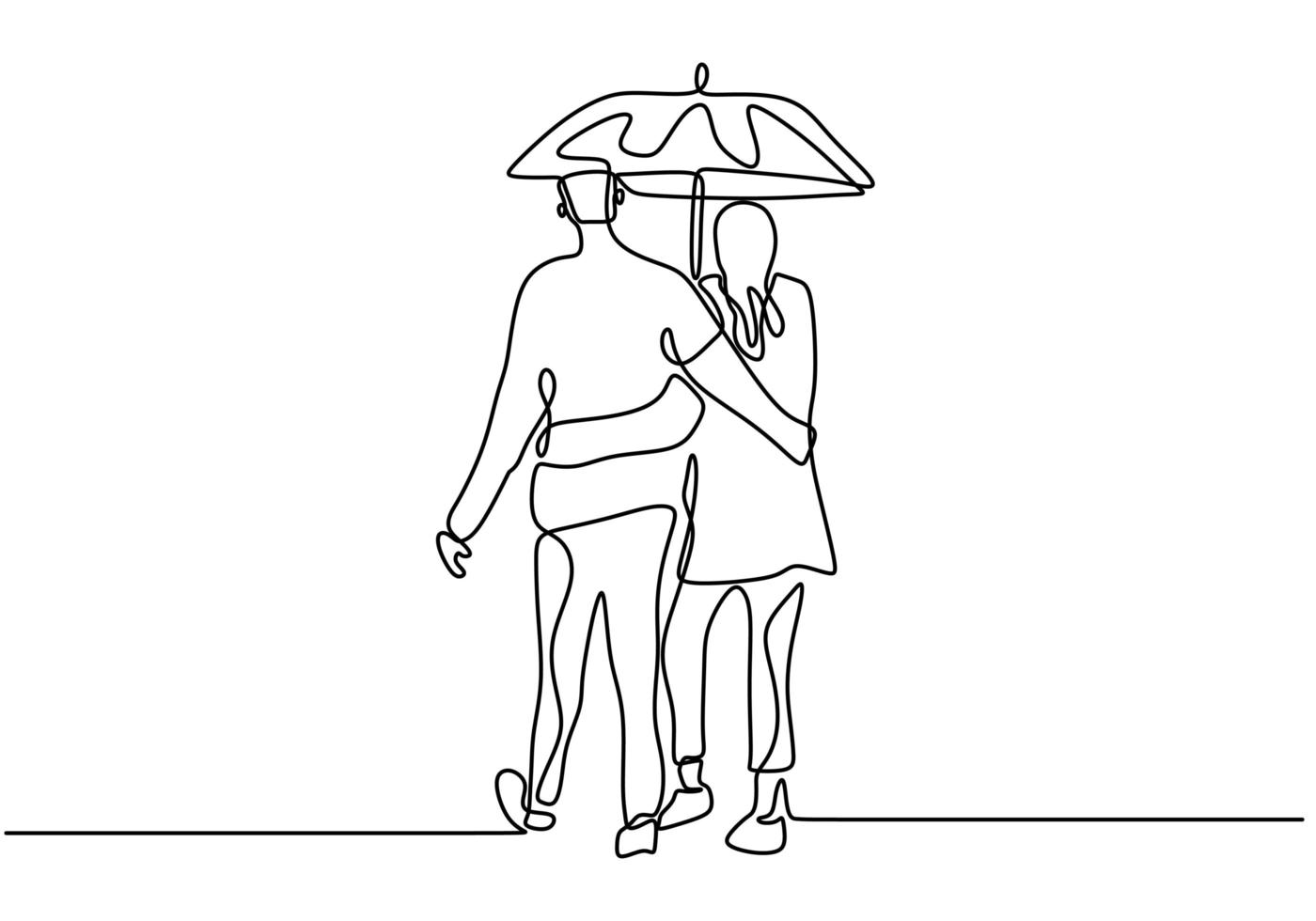 desenho de linha contínua. casal romântico abraçando e segurando o guarda-chuva. design de conceito de tema de amantes. vetor