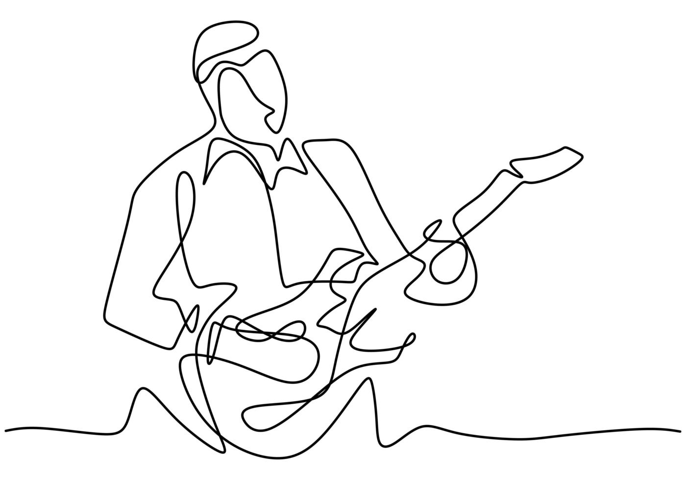 pessoa canta uma música com violão. jovem guitarrista masculino feliz. músico artista performance conceito single line draw design illustration vetor