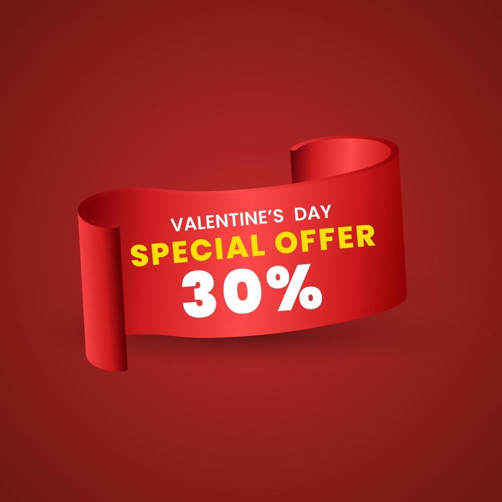 Design especial de banner de oferta vermelha de 30%, fita vermelha em fundo vermelho usado no conceito de etiqueta de preço ou banners do produto. dia dos namorados especial. ilustração vetorial vetor