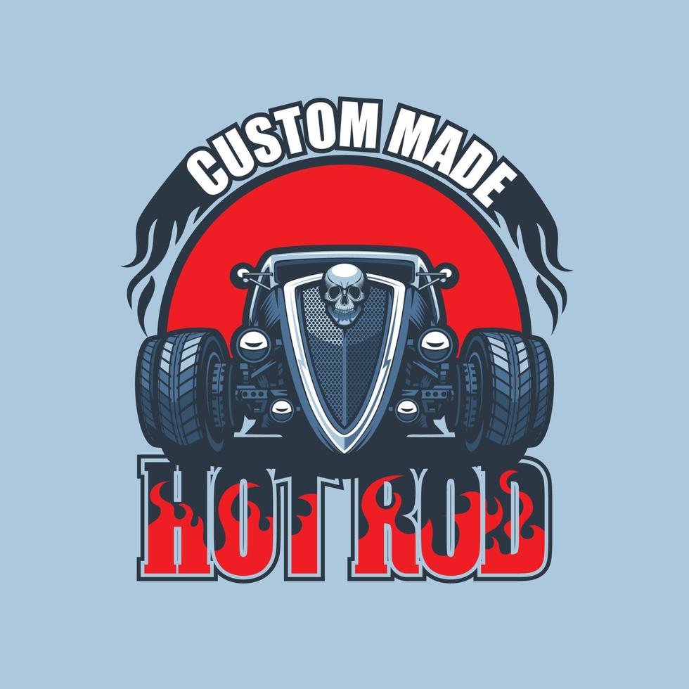 logotipo hot rod feito sob medida com carro antigo em fundo vermelho. vetor