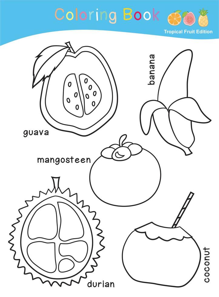 página de planilha de coloração de frutas. página de planilha de frutas fofas para colorir. planilha de colorir imprimível educacional. ilustração vetorial. vetor
