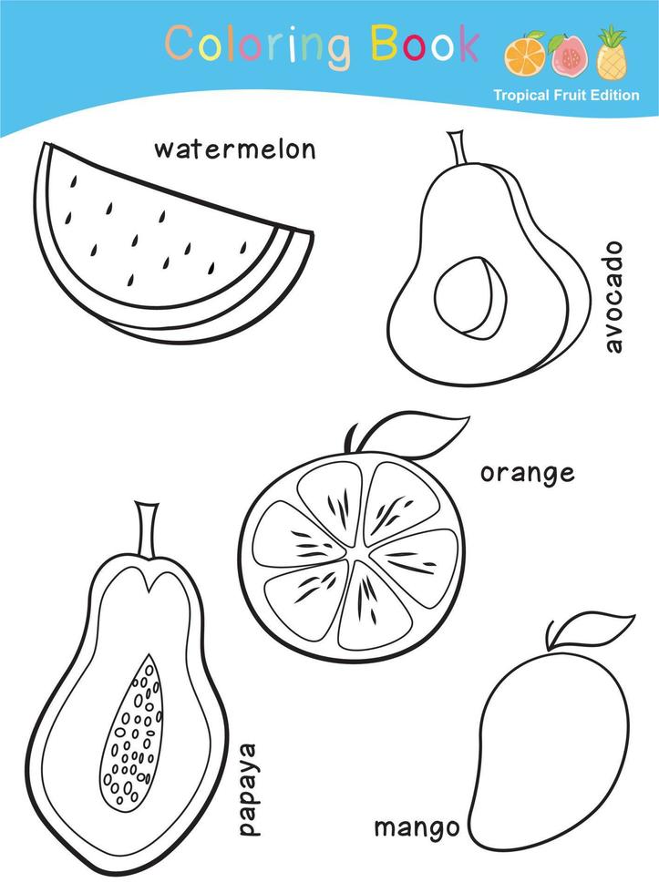 página de planilha de coloração de frutas. página de planilha de frutas fofas para colorir. planilha de colorir imprimível educacional. ilustração vetorial. vetor