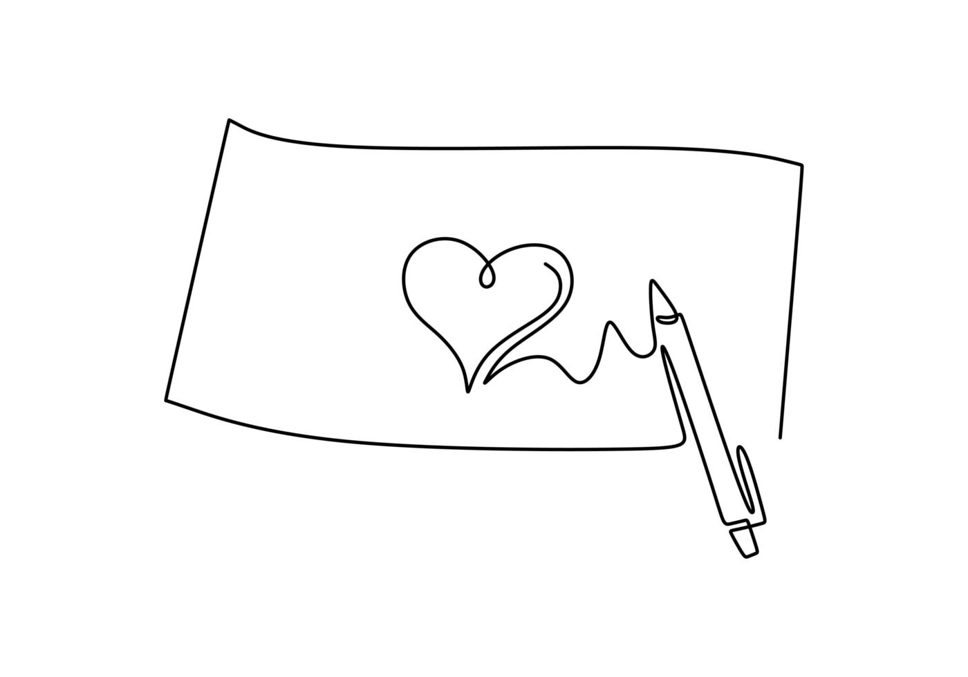 coração no papel, símbolo de amor com caneta de tinta. desenho de linha contínua, ilustração em vetor esboço desenhado de uma mão.