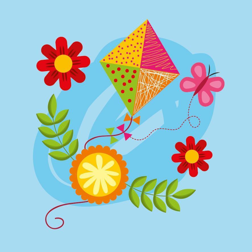 Olá cartaz de primavera com flores e pipa voando vetor