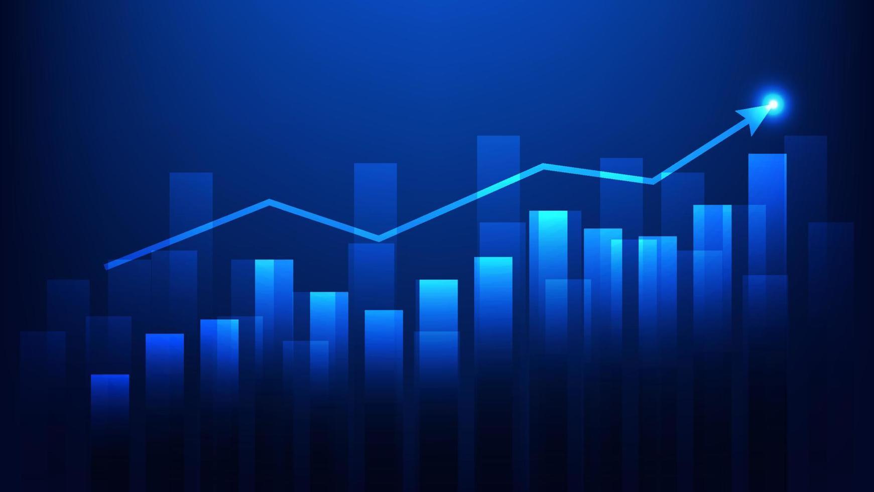 gráfico de barras com seta de tendência de alta mostra o crescimento do desempenho dos negócios e o lucro do investimento em fundo azul vetor