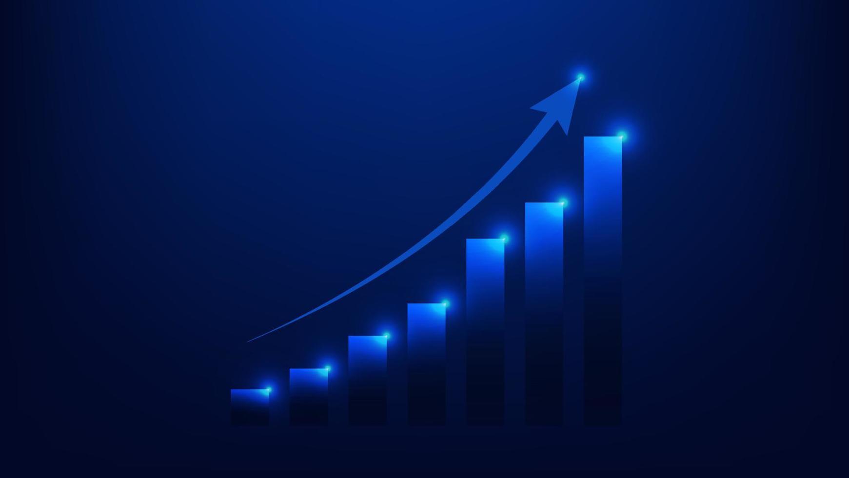 gráfico de barras com seta de tendência de alta mostra o crescimento do desempenho dos negócios e o lucro do investimento em fundo azul vetor