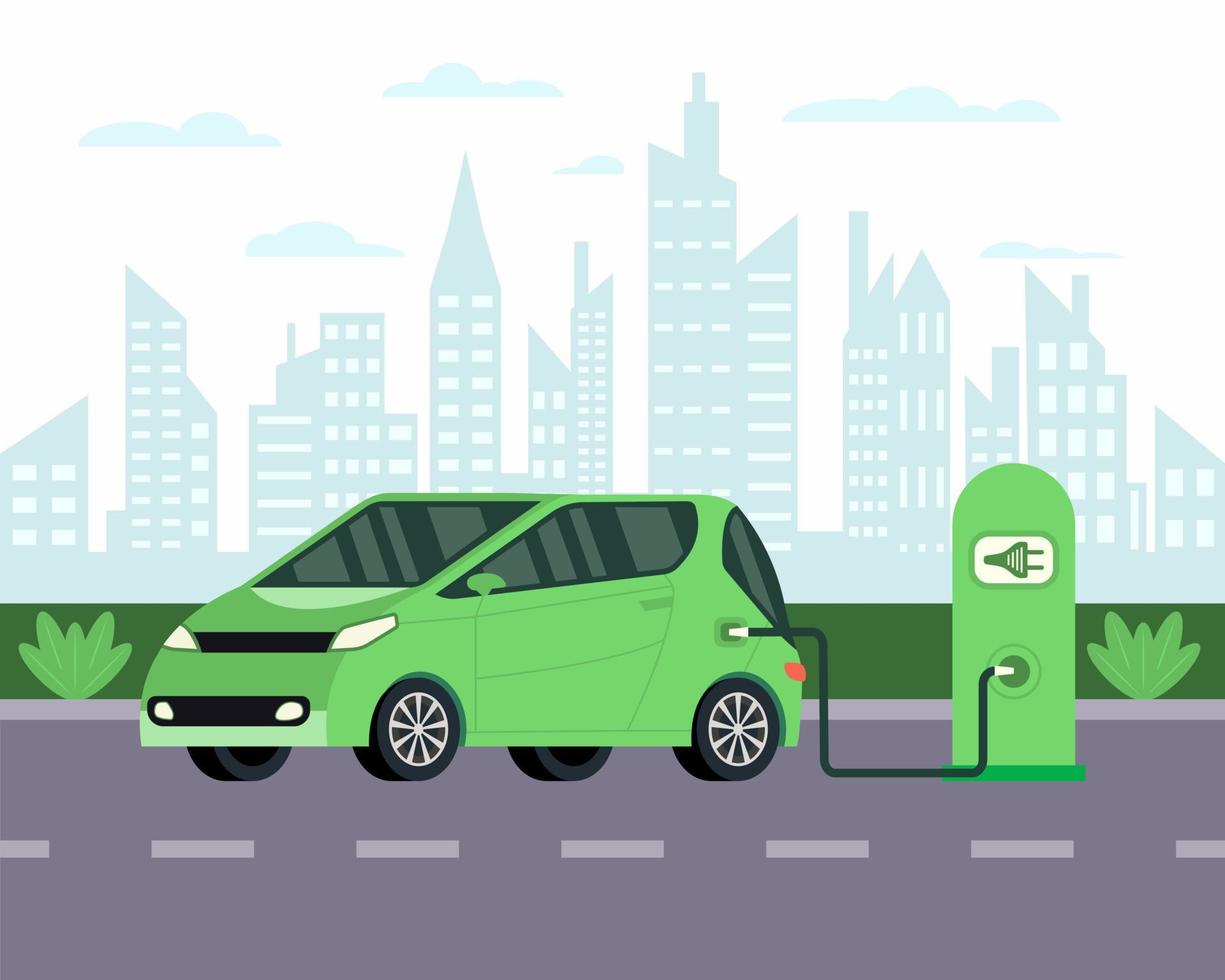 carregamento de bateria de carro elétrico, ilustração do conceito de ambiente verde, ecologia e ar limpo. ilustração vetorial. vetor