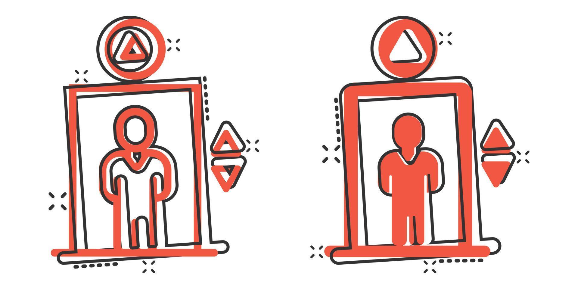 ícone do elevador em estilo cômico. levante a ilustração vetorial dos desenhos animados em fundo branco isolado. conceito de negócio de efeito de respingo de transporte de passageiros. vetor