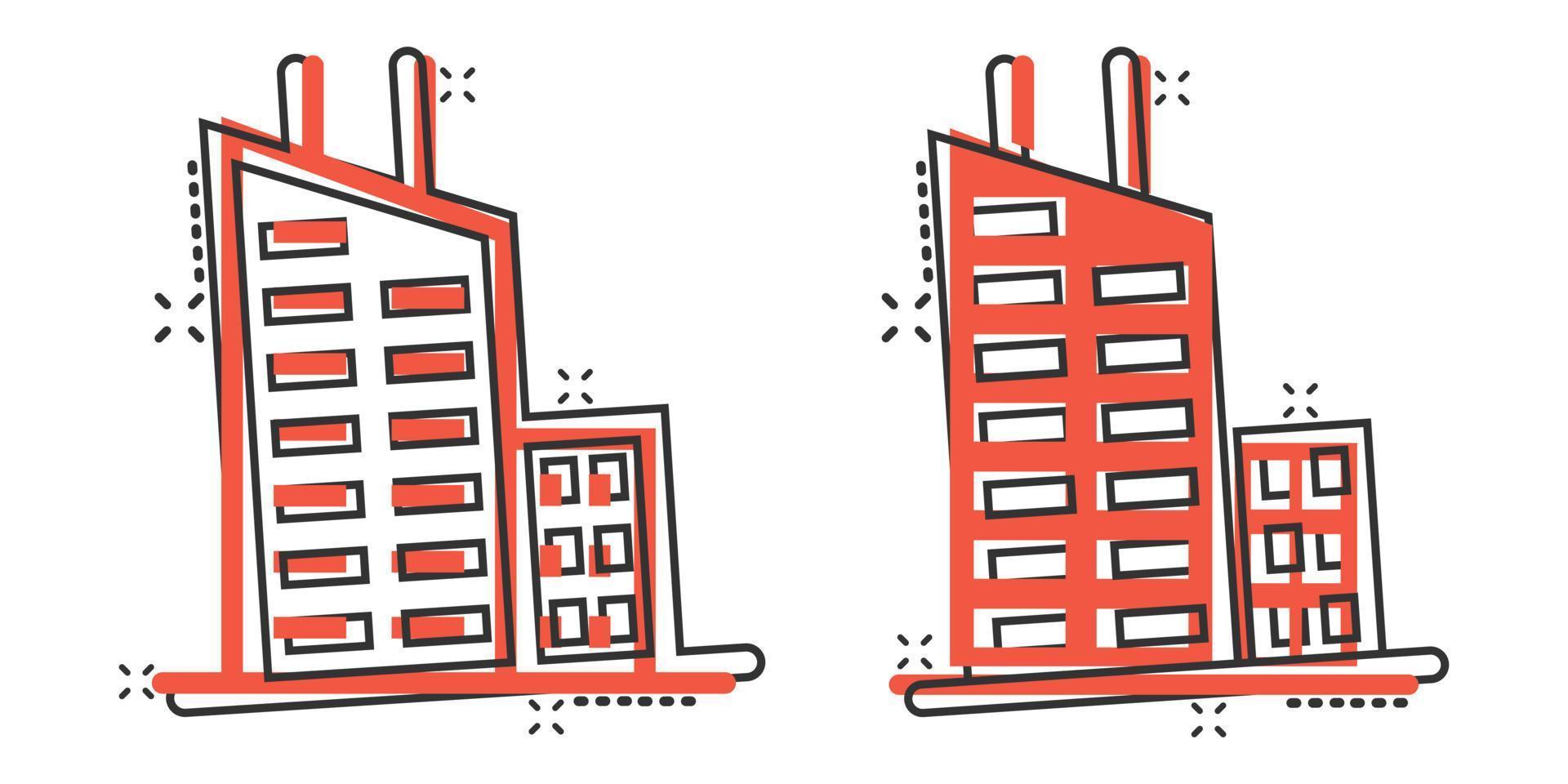 ícone de construção em estilo cômico. cidade arranha-céu apartamento cartoon ilustração vetorial no fundo branco isolado. conceito de negócio de efeito de respingo de torre de cidade. vetor