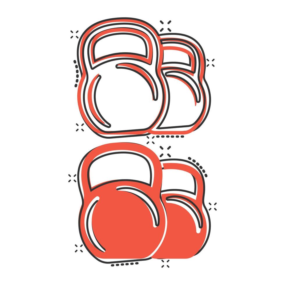 ícone de kettlebell em estilo cômico. ilustração em vetor barra esporte equipamento dos desenhos animados no fundo branco isolado. conceito de negócio de efeito de respingo de haltere.