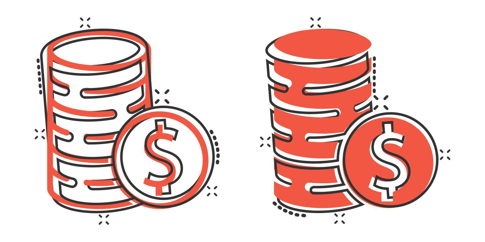 ícone de pilha de moedas em estilo cômico. ilustração em vetor desenho animado moeda dólar no fundo branco isolado. conceito de negócio de efeito de respingo empilhado de dinheiro.