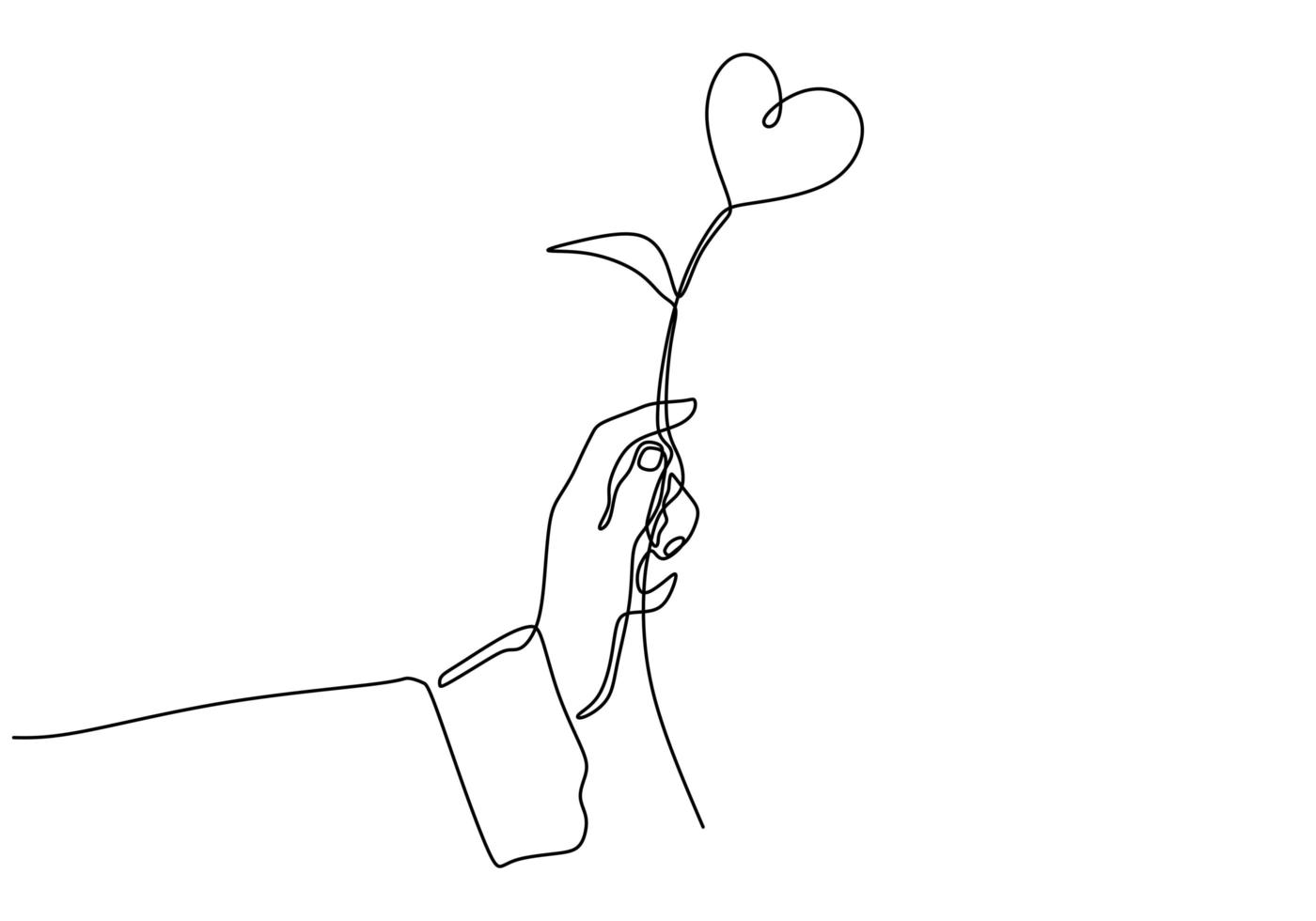 desenho de linha contínua de mão segurando uma planta de coração de amor, ilustração em vetor esboço desenhado de uma mão.