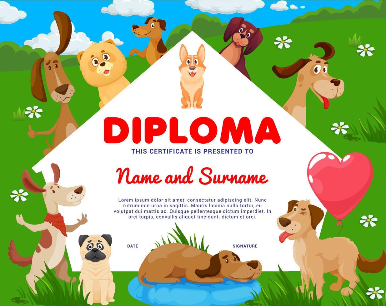 cachorros e cachorros de desenhos animados de diploma de crianças, adote um cachorro vetor