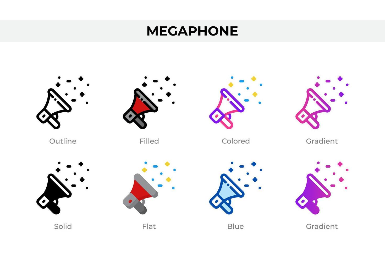 ícones de megafone em estilo diferente. conjunto de ícones de megafone. símbolo de férias. conjunto de ícones de estilo diferente. ilustração vetorial vetor