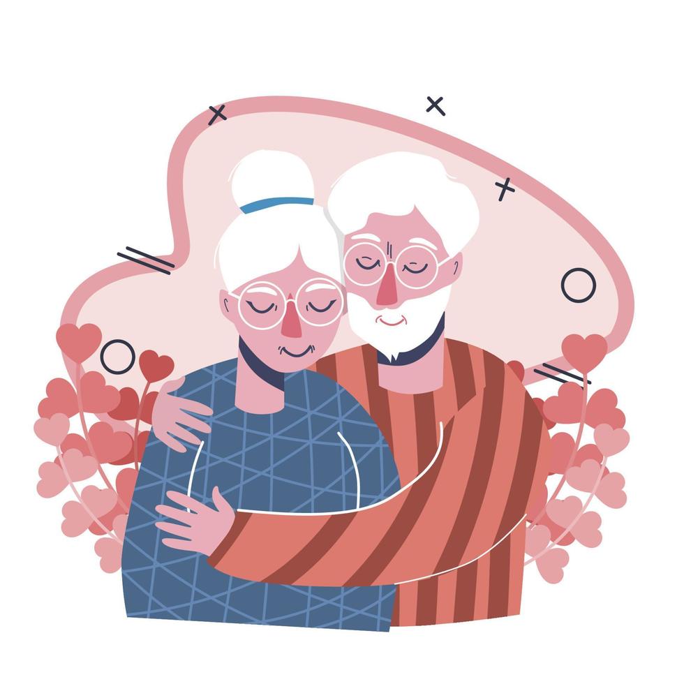 Dia dos Namorados. um casal de idosos apaixonado. eles se abraçam. coração. celebração da declaração de amor. pessoas em estilo moderno simples. desenho à mão. um homem velho. vetor