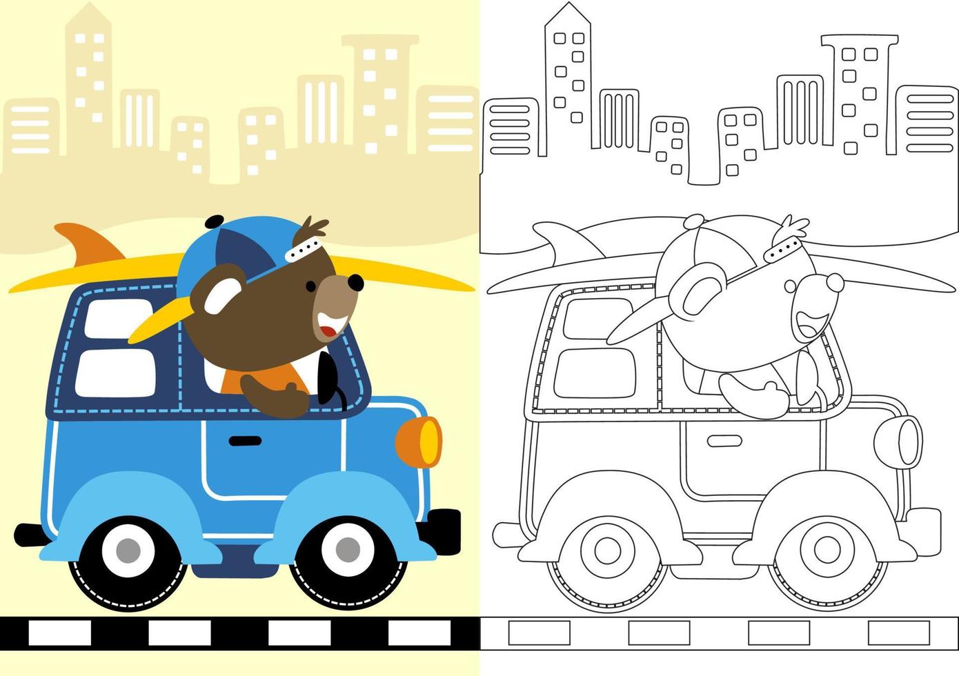 desenho vetorial de urso fofo dirigindo carro carregando prancha de surf em fundo de edifícios, livro de colorir ou página vetor