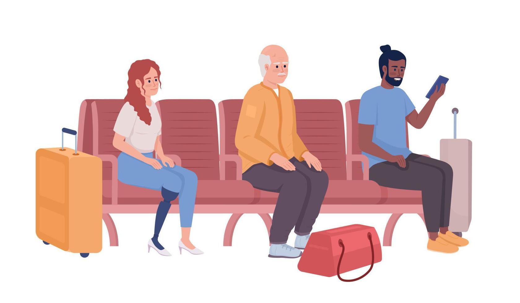 passageiros sentados em lugares de espera personagens vetoriais de cores semi planas. figuras editáveis. pessoas de corpo inteiro em branco. ilustração simples de estilo cartoon para web design gráfico e animação vetor
