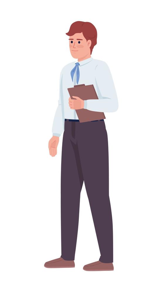 assistente de passageiro com personagem de vetor de cor semiplana de tablet. pessoal do aeroporto. figura editável. pessoa de corpo inteiro em branco. ilustração simples de estilo cartoon para web design gráfico e animação