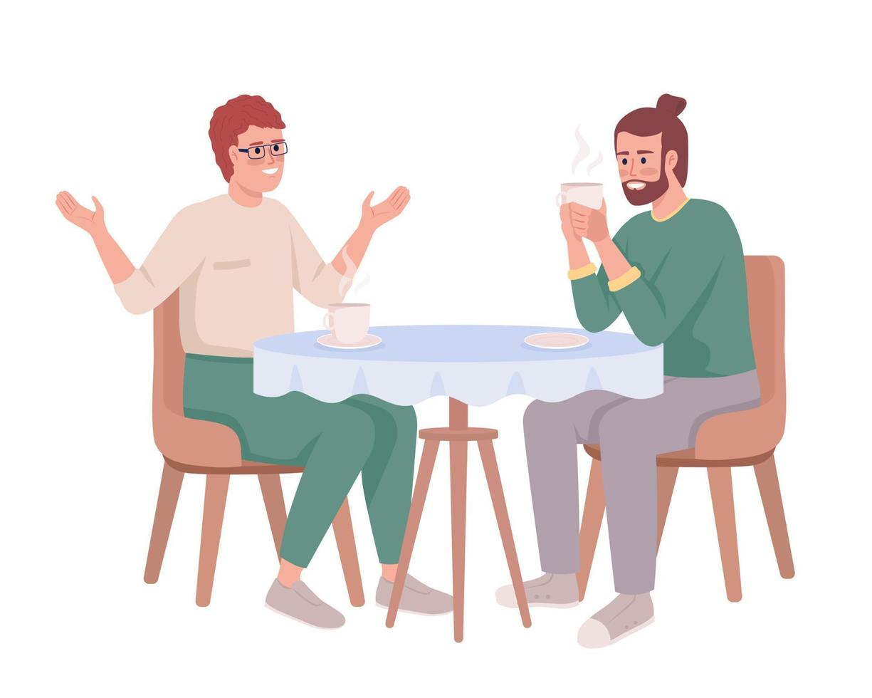 amigos do sexo masculino discutindo as últimas notícias sobre personagens vetoriais de cor semiplana de café. figuras editáveis. pessoas de corpo inteiro em branco. ilustração simples de estilo cartoon para web design gráfico e animação vetor