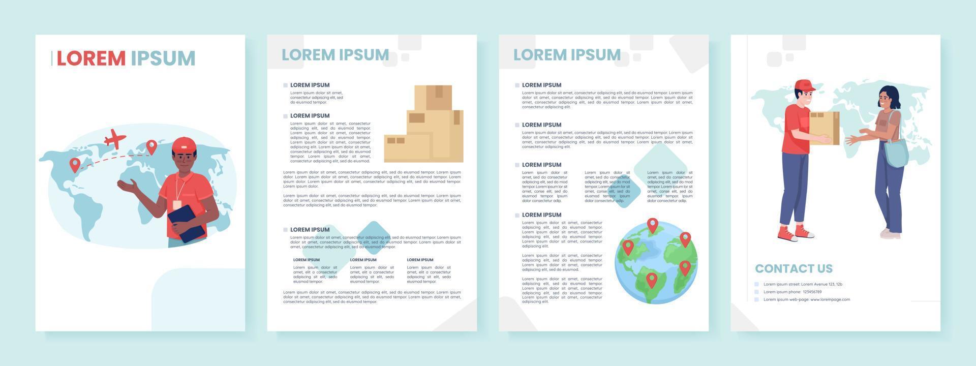 modelo de folheto de vetor plano de serviço de correio global. livreto de entrega rápida, desenhos coloridos para impressão de folhetos. página de revista editável, kit de relatórios com espaço de texto