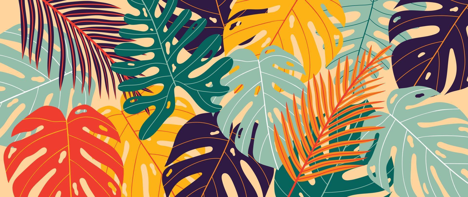 tropical colorido deixa ilustração vetorial de fundo. plantas da selva, folhagem de palmeira monstera, fundo de estilo havaiano de verão de floresta tropical exótica. design contemporâneo para decoração de casa, papel de parede. vetor