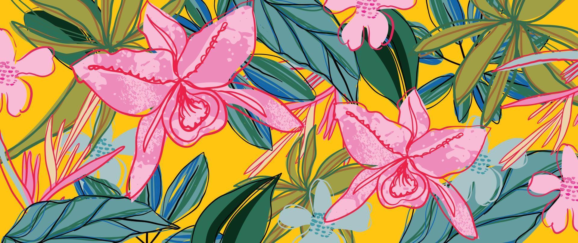 ilustração em vetor fundo tropical colorido. flores da selva, folhas de palmeira, estilo exótico de verão com textura de arte de linha grunge e rabisco. design contemporâneo para decoração de casa, papel de parede.
