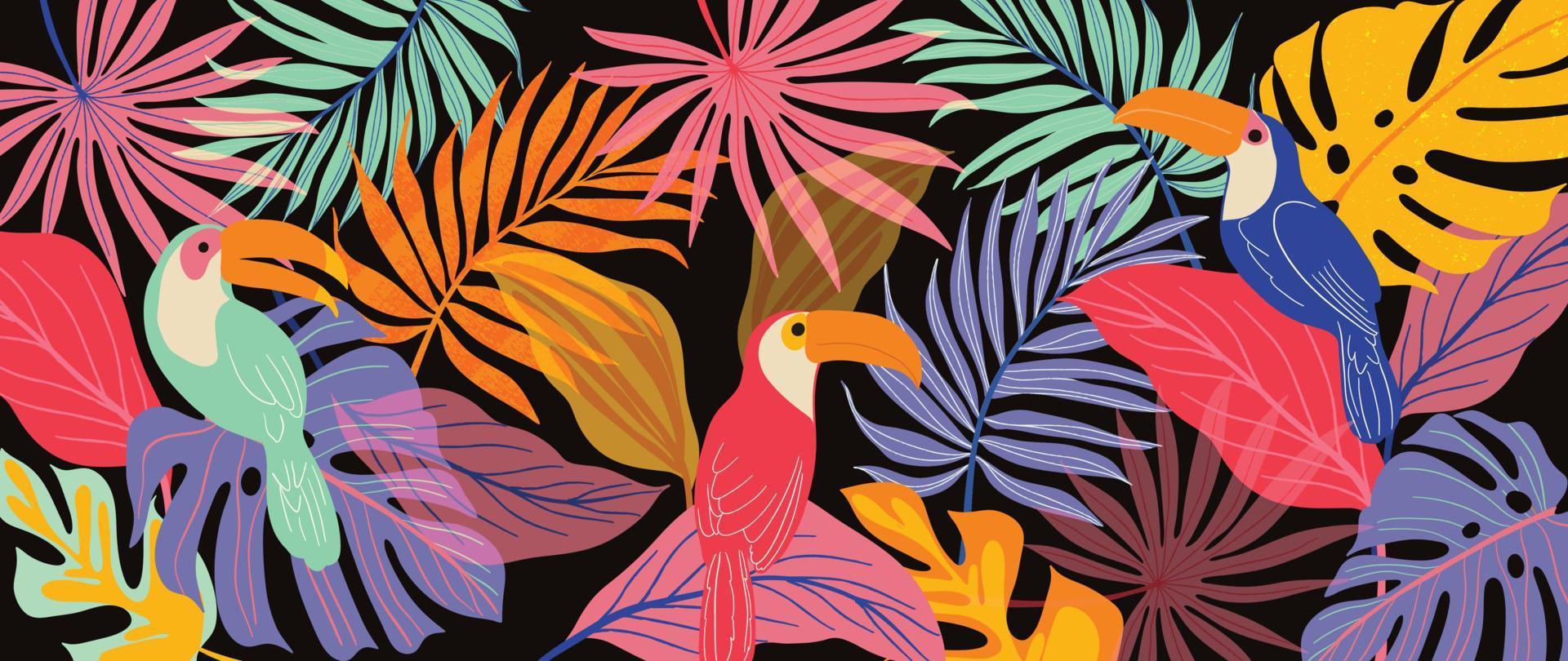 tropical colorido deixa ilustração vetorial de fundo. selva monstera folhas de palmeira, estilo exótico primavera verão com calau e textura grunge. design contemporâneo para decoração de casa, papel de parede. vetor