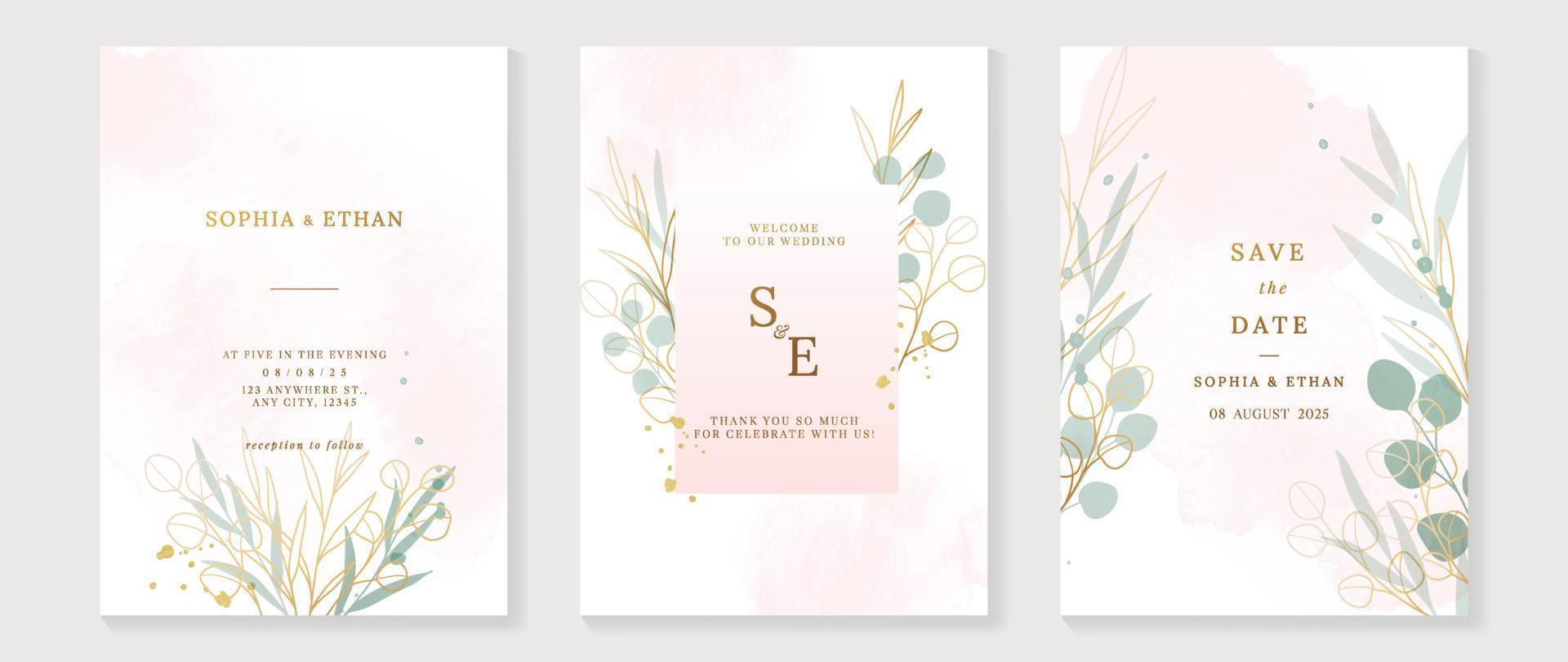 vetor de fundo de cartão de convite de casamento de luxo. ramo de folha floral aquarela elegante e fundo de modelo de textura de arte de linha ouro. ilustração de design para modelo de capa de casamento e vip, banner.