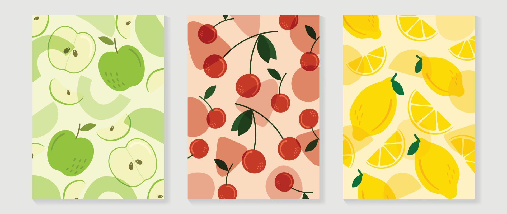 Conjunto de vetores de fundo de arte de parede de frutas frescas. coleção mínima de padrão de frutas tropicais de maçãs verdes, cereja e limão. design de temporada de primavera e verão para decoração de casa, interior, papel de parede, tecido.