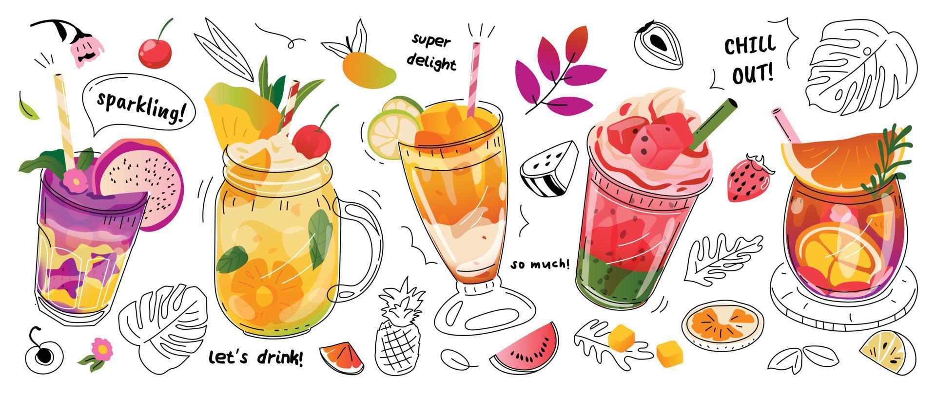 smoothies frescos e design de bebidas espumantes com decoração fofa de rabiscos. refresco de frutas e refrigerantes em copos. ilustração vetorial smoothie misturado para logotipo, anúncios, promoção, marketing, banner. vetor