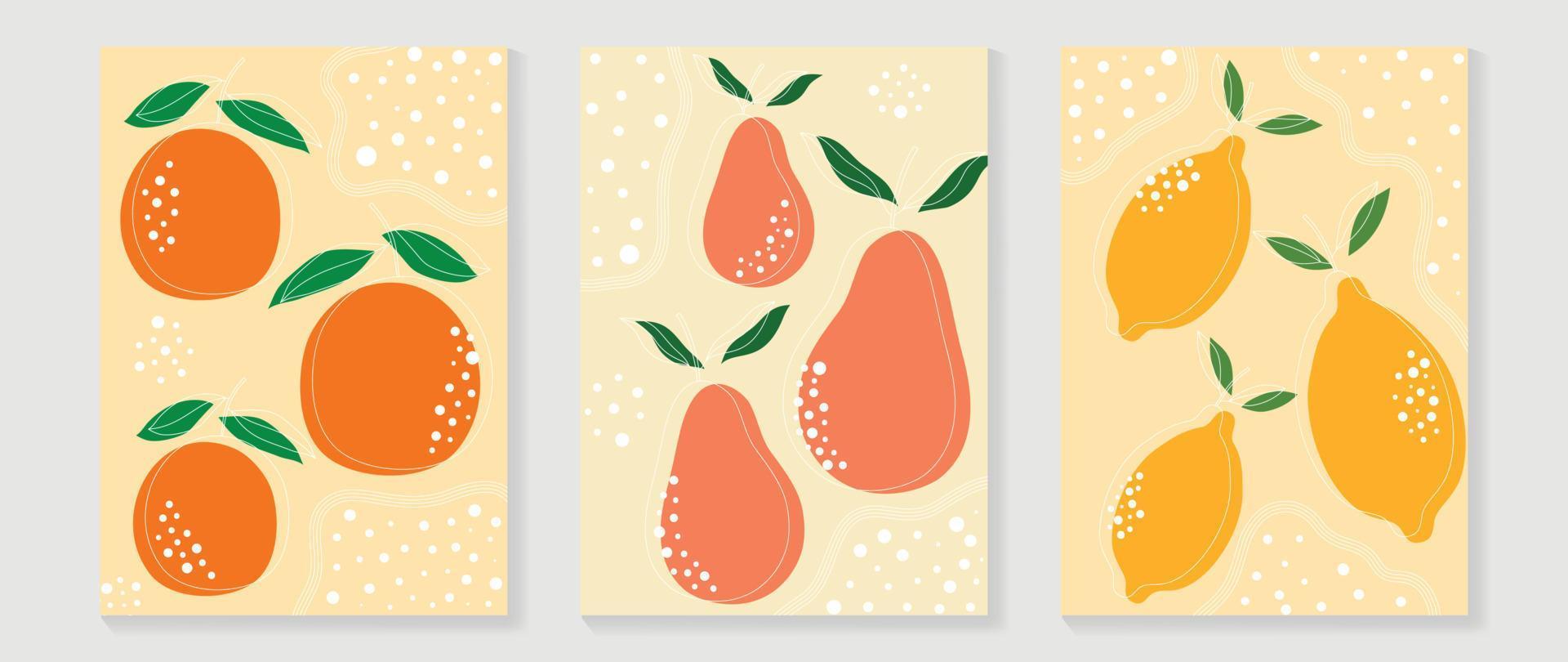 Conjunto de vetores de fundo de arte de parede de frutas frescas. fruta tropical de desenho mínimo de laranja, manga e limão com textura de ponto. design de temporada de primavera e verão para decoração de casa, interior, papel de parede, tecido.