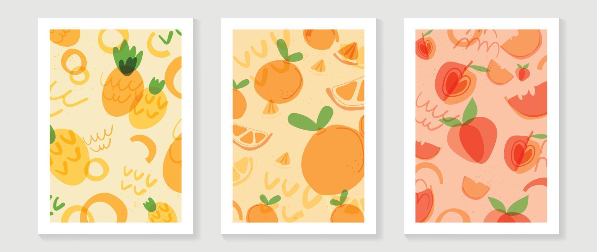Conjunto de vetores de fundo de arte de parede de frutas frescas. abacaxi tropical, morango e laranja com estilo de desenho de rabisco abstrato. design de temporada de primavera e verão para decoração de casa, interior, papel de parede, tecido.