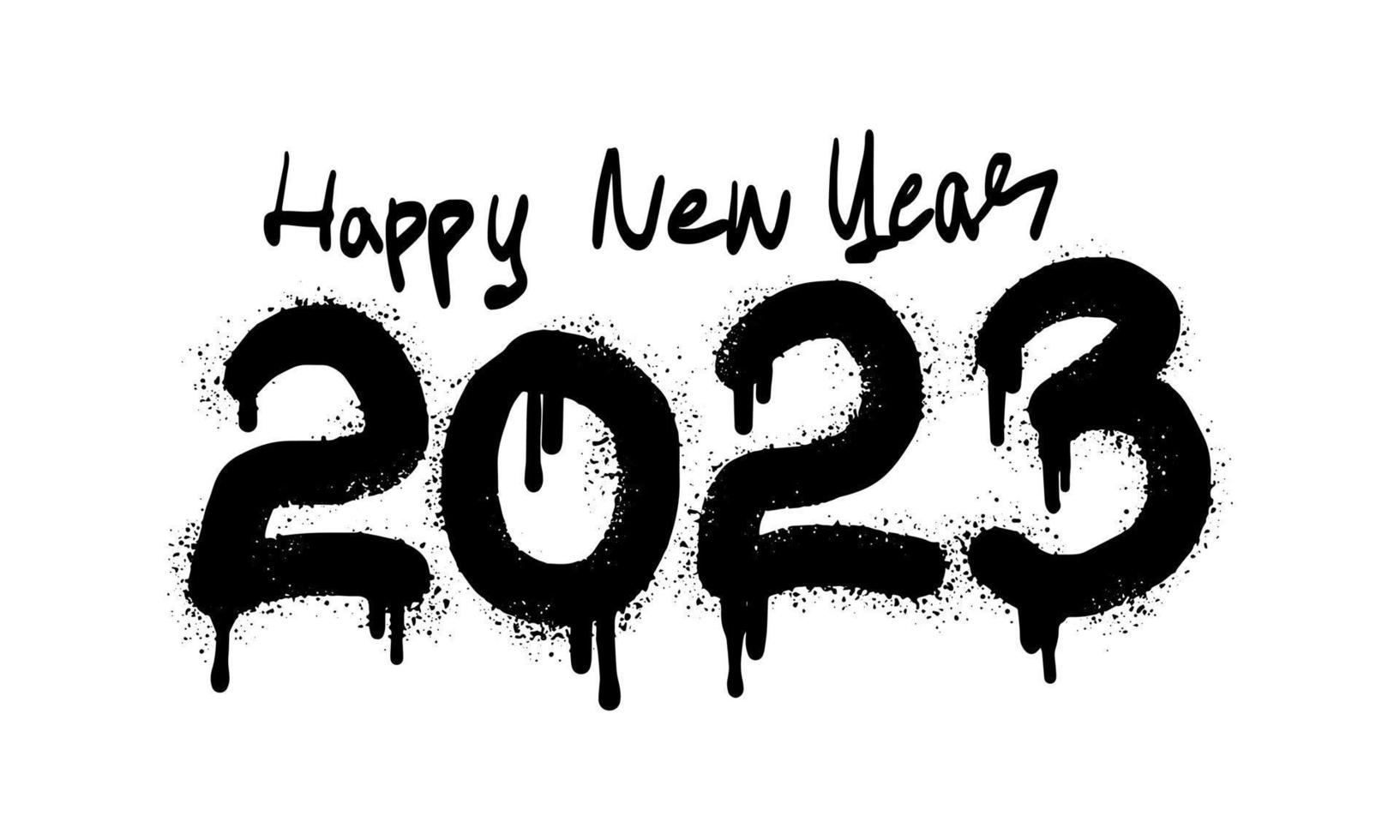 feliz 2023 ano novo. grafite pintado com spray em preto sobre branco. gotas de palavras de feliz ano novo pulverizadas. isolado no fundo branco. ilustração vetorial vetor