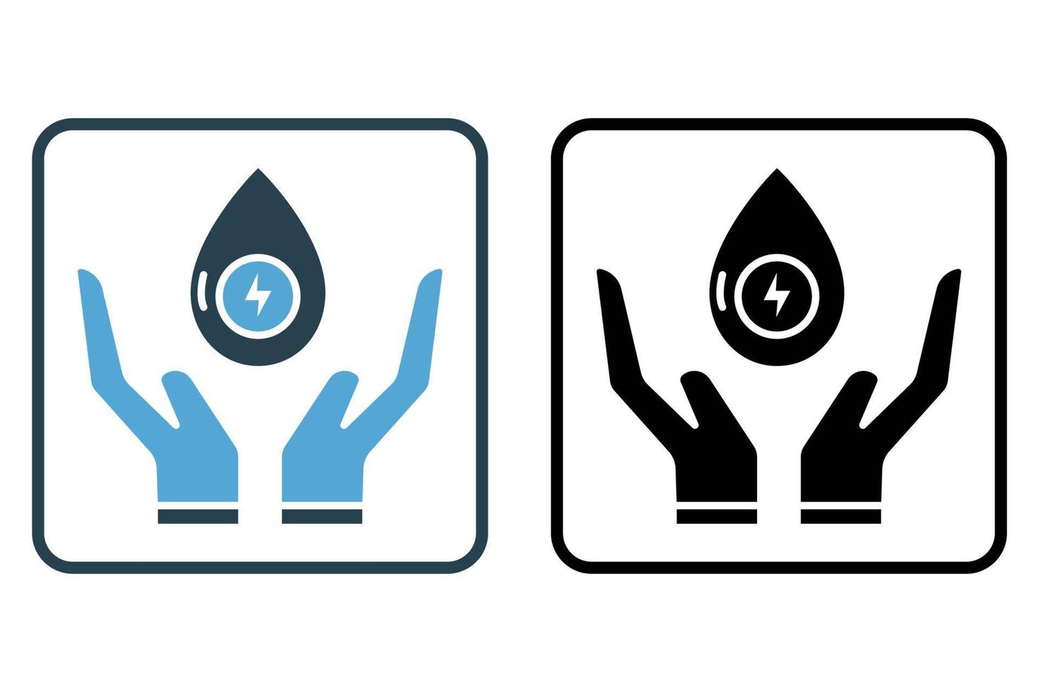 ilustração segura do ícone de energia hidrelétrica. ícone de mão com gota de água e eletricidade. ícone relacionado à ecologia, energia renovável. estilo de ícone sólido. design vetorial simples editável vetor