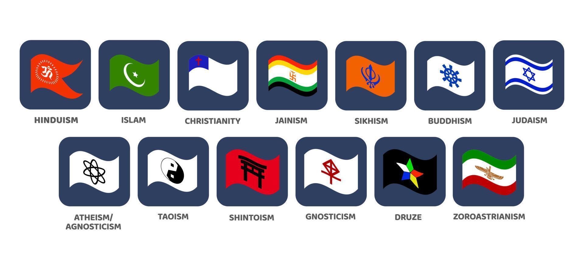 ícone vetorial de bandeiras de todas as religiões. símbolo de todas as religiões com bandeira. ilustração do ícone da religião no fundo branco. vetor