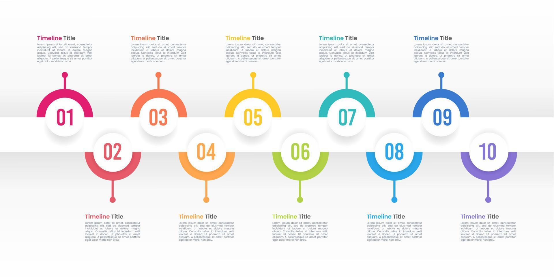 infográficos de negócios com 10 semicírculos coloridos em diagramas de linha do tempo em fundo de cor branca. vetor