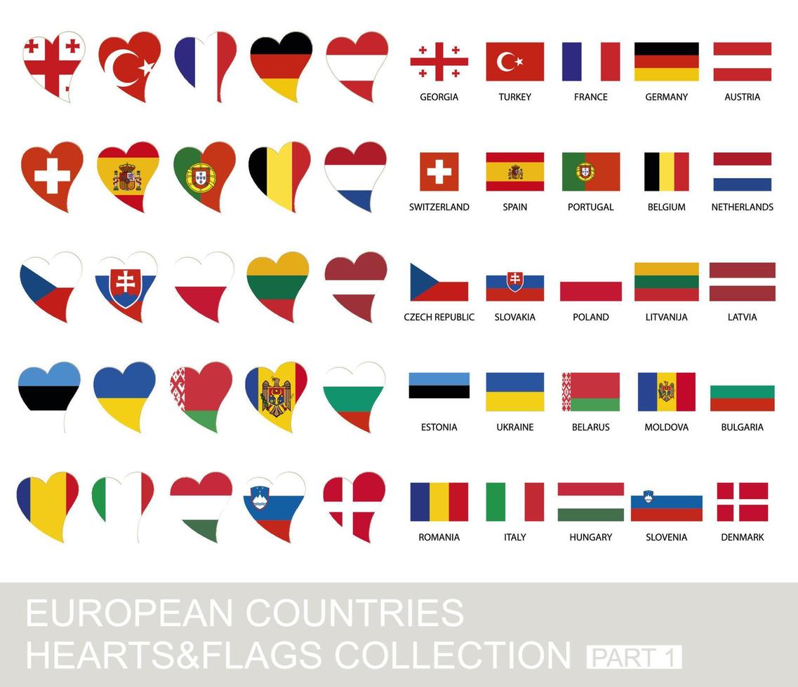 conjunto de países europeus, corações e bandeiras, parte 1 vetor