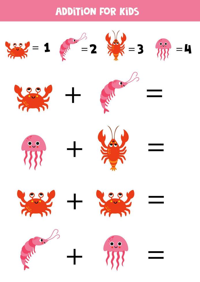jogo de adição com diferentes animais marinhos. jogo de matemática educacional para crianças pré-escolares. vetor
