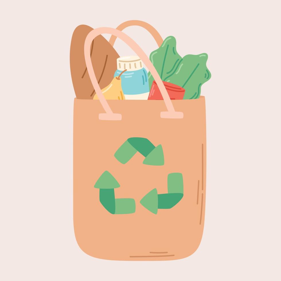 saco de compras reutilizável com mantimentos e sinal de reciclagem. vector ilustração plana isolada de compras.