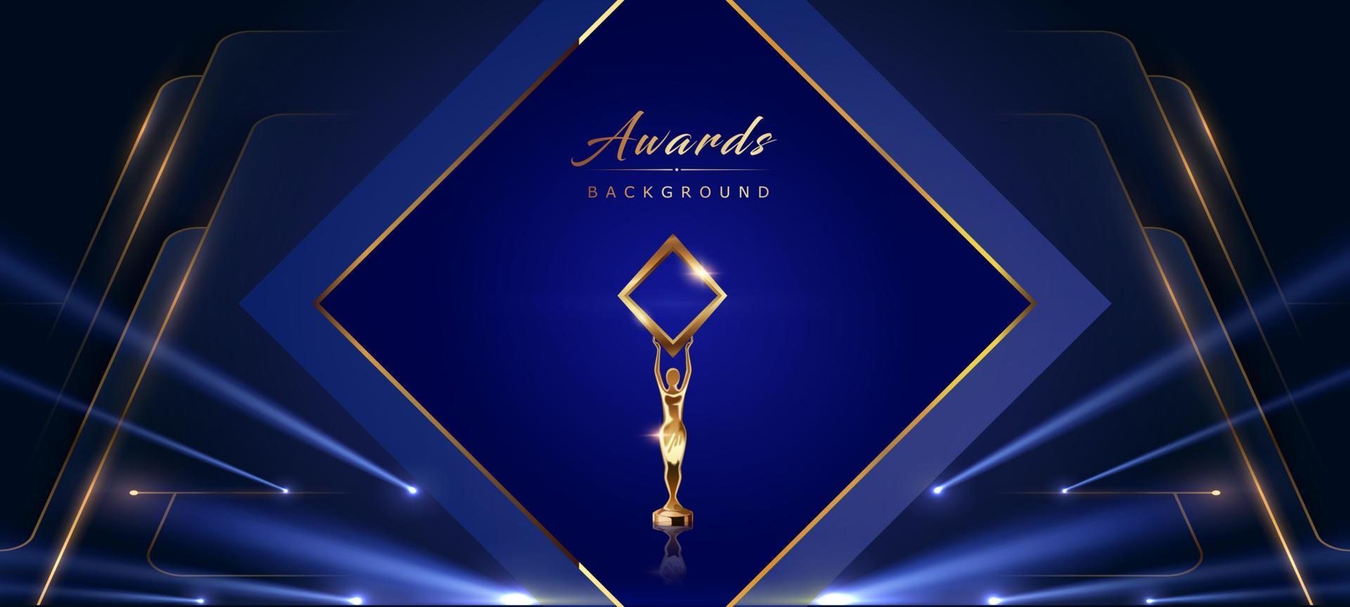 fundo de prêmio de holofotes de palco de diamante dourado azul. troféu em fundo de luxo. modelo de design abstrato moderno. levou gráficos de movimento visual. cartaz de convite de casamento de casamento. projeto de certificado. vetor