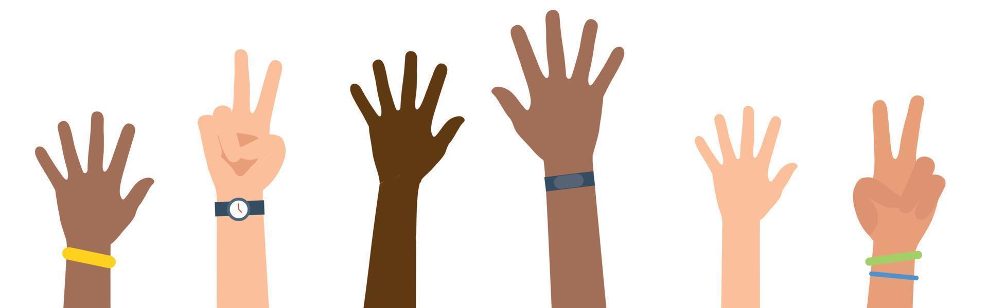 mãos multiétnicas e diversas levantadas isoladas no fundo branco. ilustração vetorial vetor