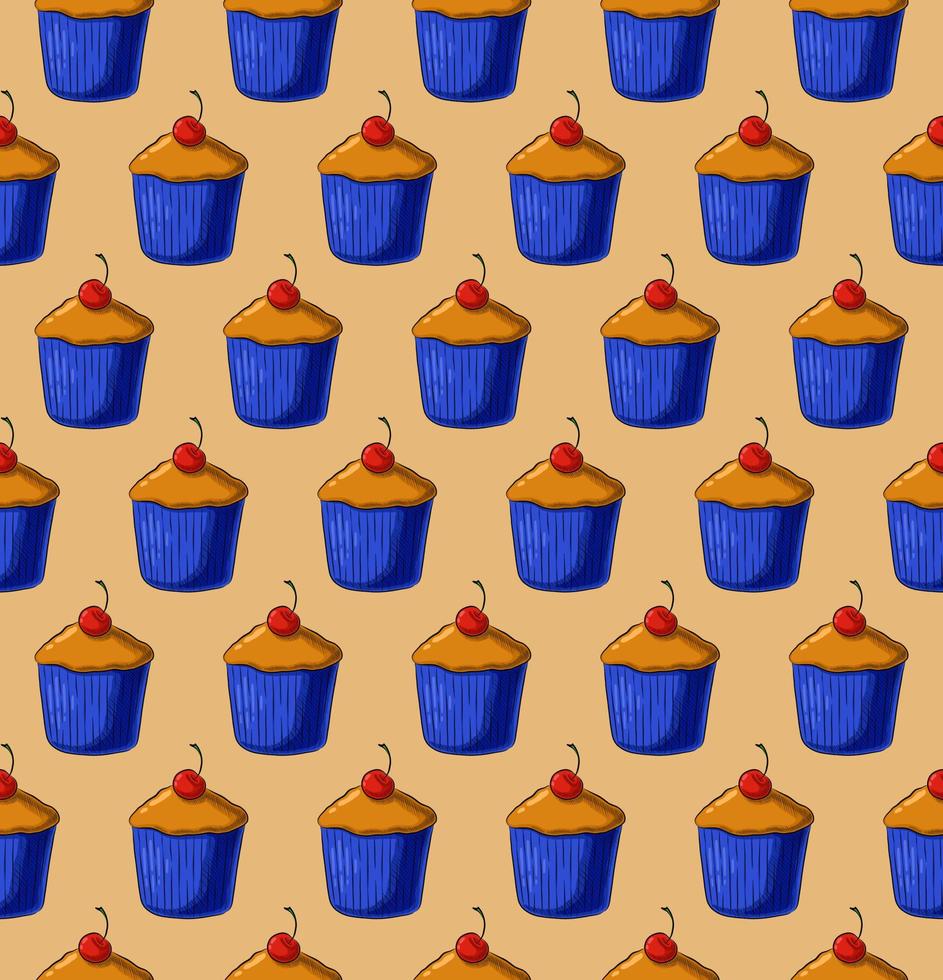 fundo vector sem costura bege com deliciosos cupcakes frescos