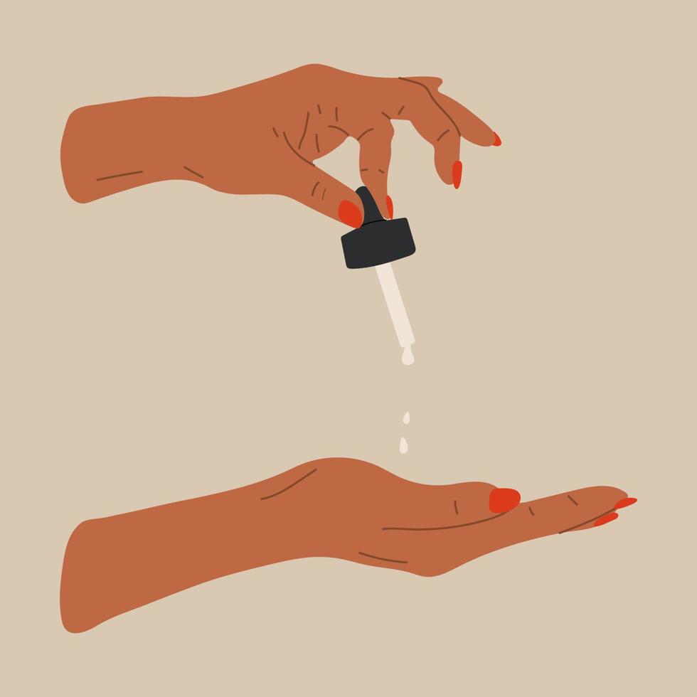 mão feminina segura pipeta para cuidados com a pele com frasco de soro de óleo, creme. mão desenhar ilustração vetorial vetor