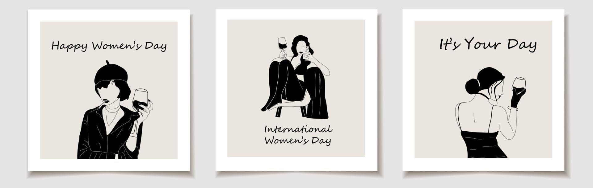dia internacional da mulher. um conjunto de cartões com retrato abstrato de mulher com taças de vinho. mulher bebe vinho. amantes de videiras minimalistas. ilustração vetorial na moda em estilo monocromático vetor