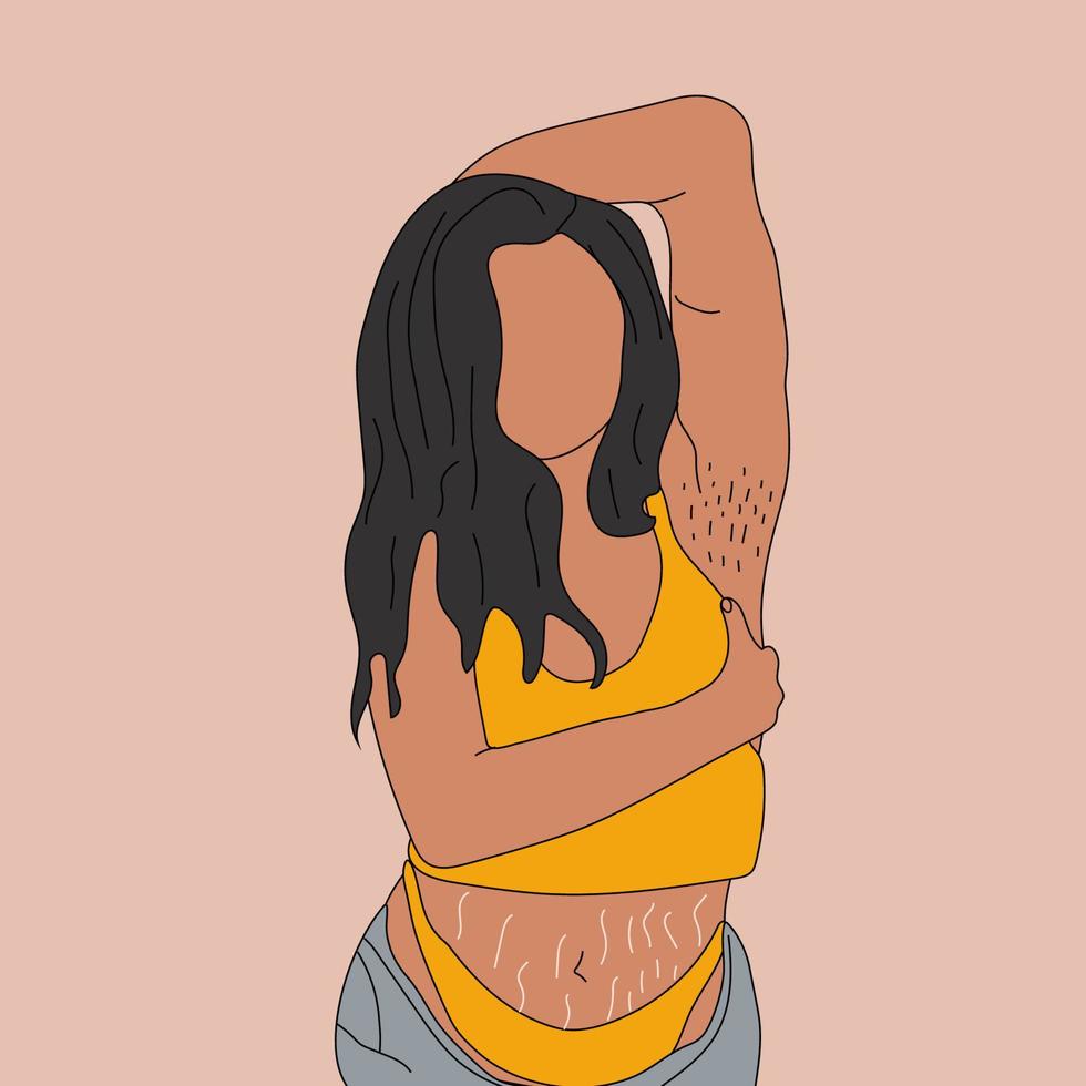 mulher com estrias e pelos nas axilas. amor próprio e conceito positivo do corpo. ilustração vetorial em estilo simples vetor