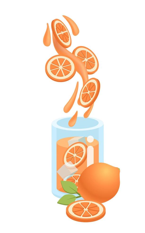 suco de laranja fresco, fatias de frutas cítricas e laranja inteira com folha em fundo branco. fatia cair na jarra. bebida azeda fresca exótica de verão. bebida caseira, pôster, modelo. ilustração vetorial. vetor