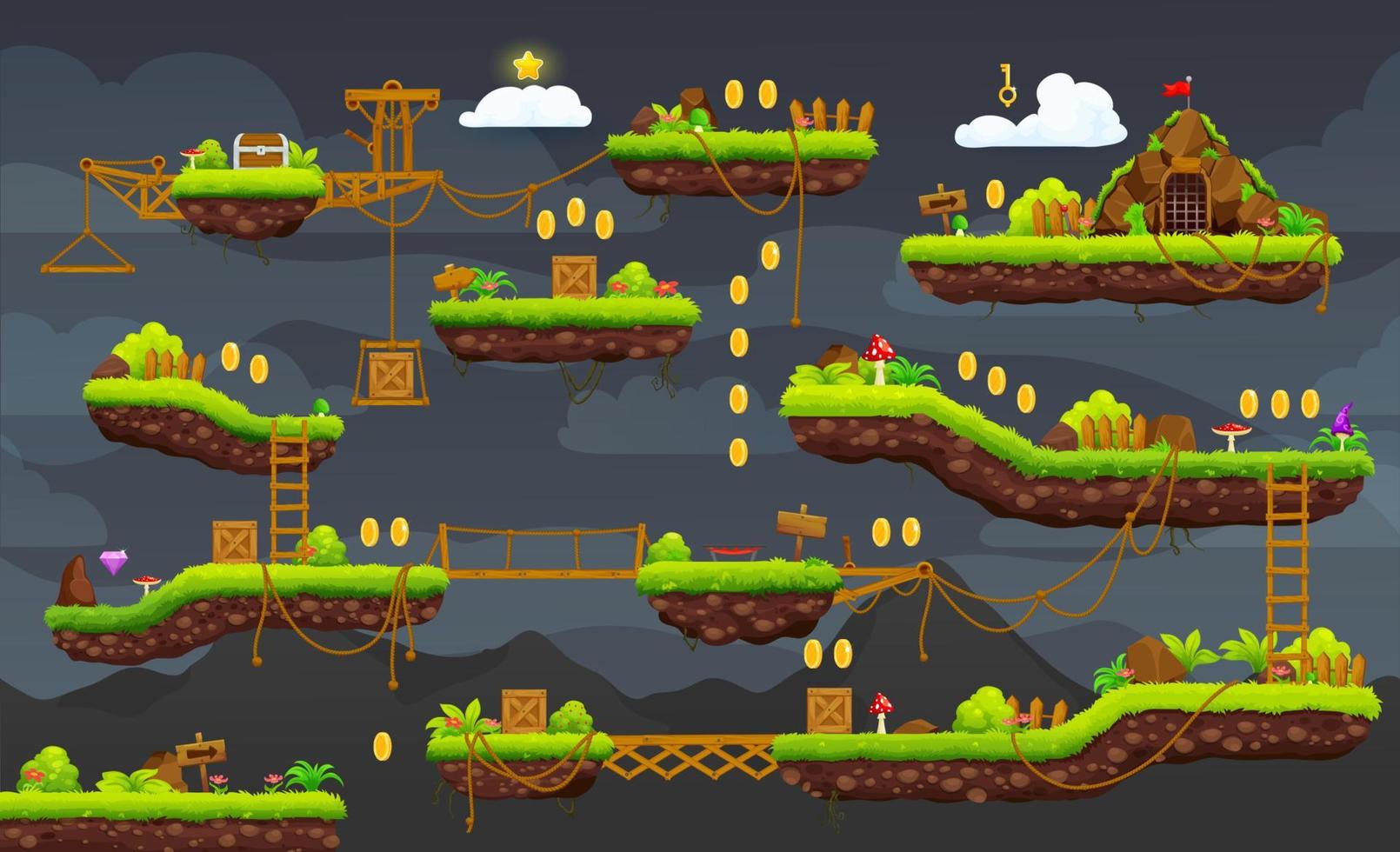 2d videogames, retro jogos noite nível mapa interface vetor