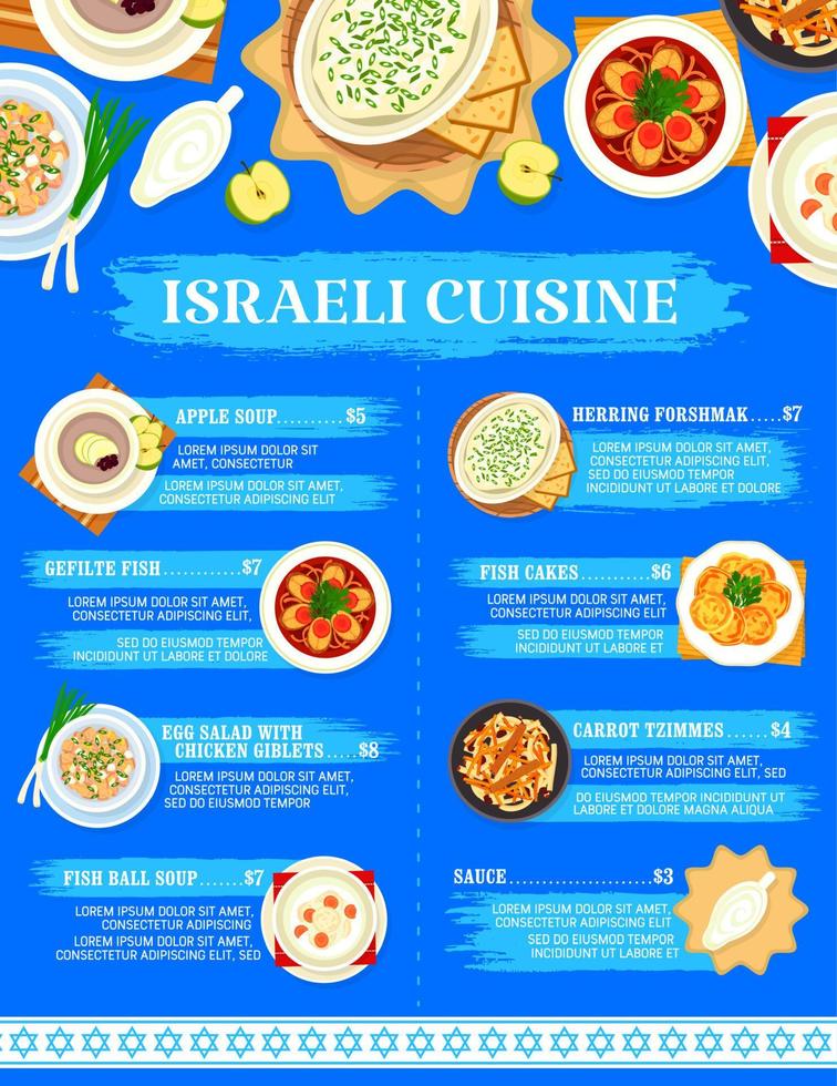 israelense cozinha restaurante pratos cardápio página vetor