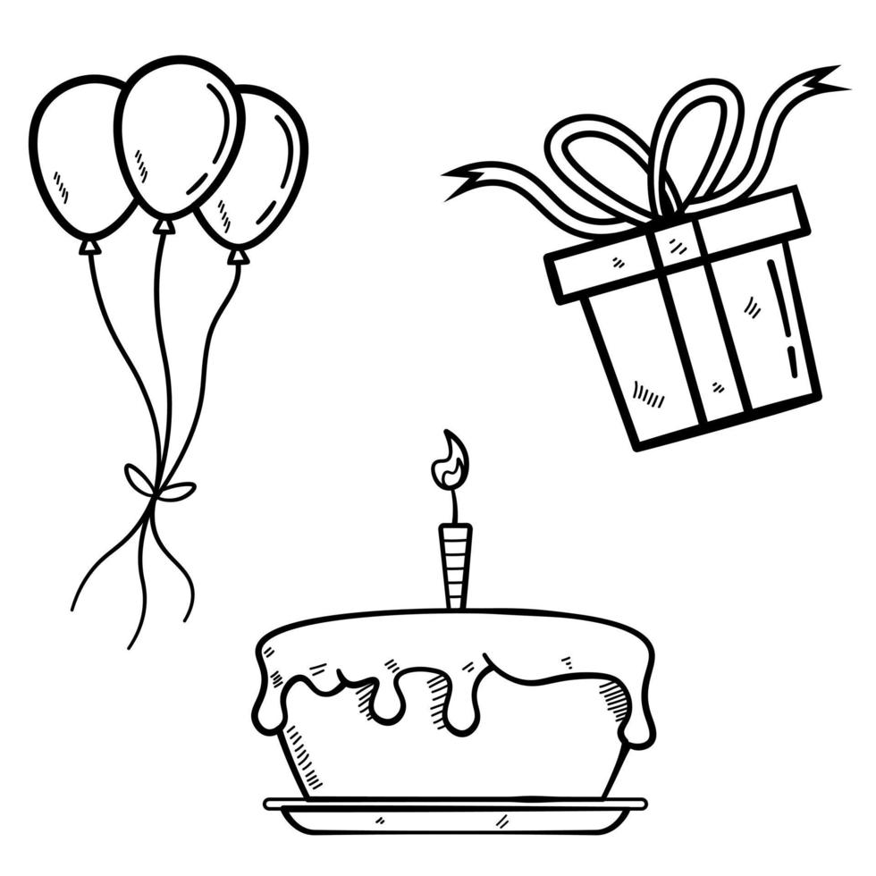 bolo de aniversário com balões e presentes em estilo de desenho vetor