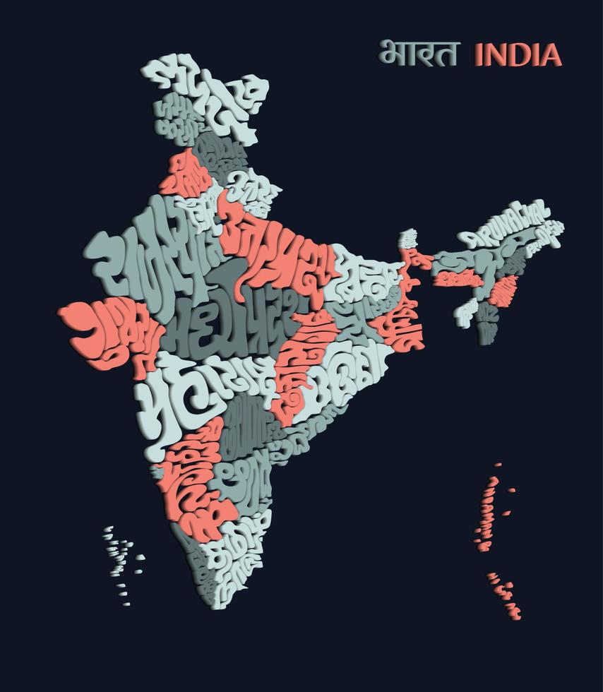 indiano mapa tipografia com múltiplo indiano scripts dentro 3d. Índia mapa letras todos estados nome. vetor